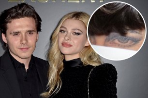 Brooklyn Beckham shows off a new tattoo of his fiancée Nicola Peltz's eyes on the back of his neck.