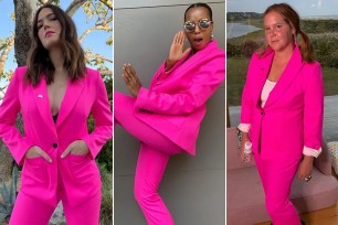 Mandy Moore, Kerry Washington and Amy Schumer in their pink Argent x Supermajority suits.