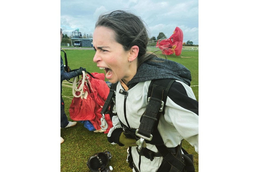 Emilia Clarke goes skydiving in Steane, England, for her 34th birthday.