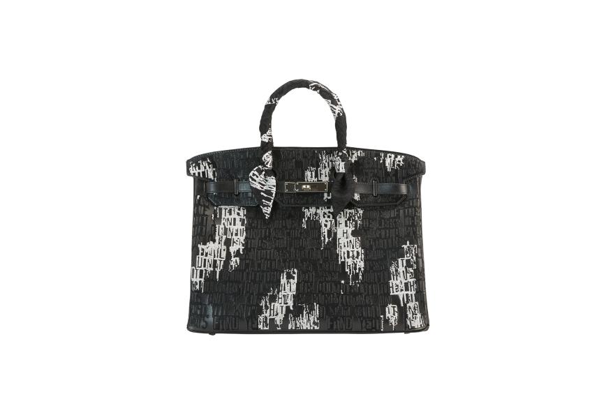 This piece, designed on a vintage Hermès Birkin 35 in black leather first produced in 1999, is an ode to Kanye West's 2010 hit "Runaway." The typography is a nod to contemporary artist Glenn Ligon, the first African-American artist to have his work displayed in the White House in 2009. He was praised by President Obama at the time.