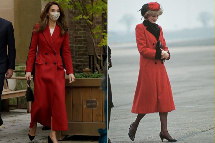 Kate Middleton in her red Alexander McQueen coat and Princess Diana in Catherine Walker in 1984.