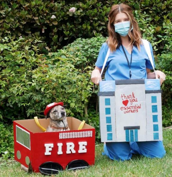 Katherine Schwarzenegger and her dog Maverick as a nurse and firefighter