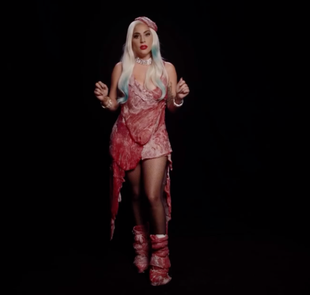 Lady Gaga in her infamous meat dress from the 2010 VMAs.