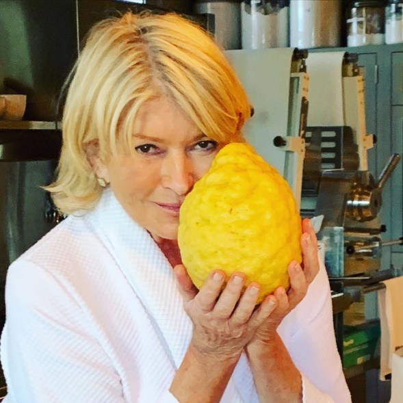 Martha Stewart shows off a gigantic lemon from her backyard in Bedford, New York.