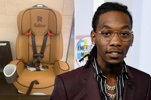 Offset and the Rolls-Royce car seat he bought for his daughter, Kulture.