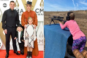 Carey Hart and Pink with their kids Jameson and Willow (L) and Carey Hart's Instagram post of his day at the shooting range with Willow