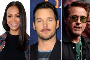 Zoe Saldana, Chris Pratt, and Robert Downey, Jr.