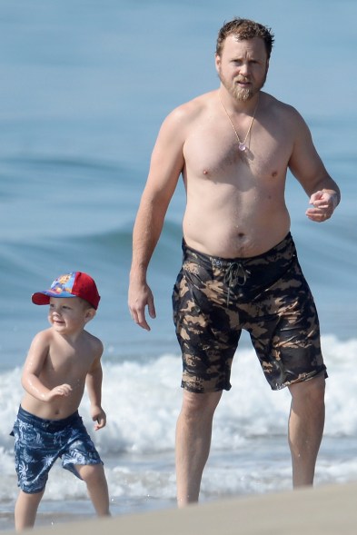 Spencer Pratt goes shirtless at the beach with his son Gunner in Carpenteria, Calif.