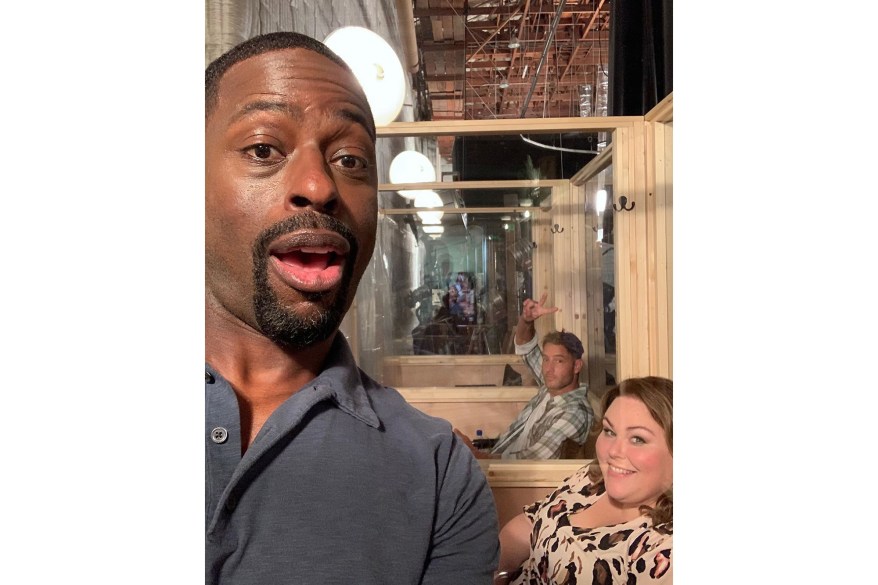 The Pearson siblings — Sterling K. Brown (from left), Justin Hartley and Chrissy Metz — return to the set of their show “This Is Us.”