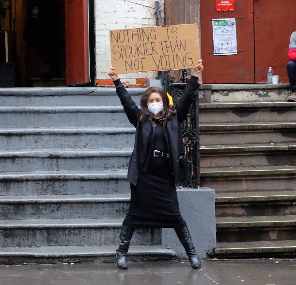 Vanessa Hudgens gets out the vote with a Halloween themed message on the set of "Tick Tick Boom" in New York.