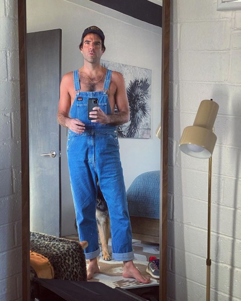 Zachary Quinto rocks overalls without a shirt.