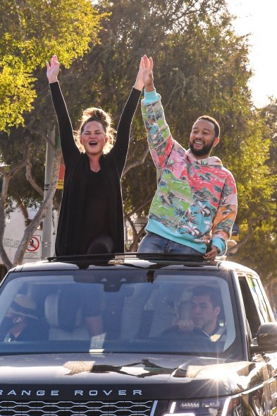 John Legend and Chrissy Teigen celebrate the election results while driving around in West Hollywood with friends.