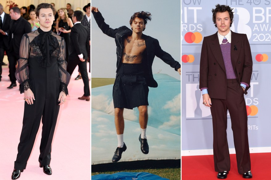 Harry Styles is all about breaking gender barriers when it comes to fashion, and loves to experiment with his look — whether that means a colorful manicure, a strand of pearls or a full-blown ball gown. Most recently, the “Fine Line” rocker modeled a custom Gucci dress on the cover of Vogue, posing in other stereotypically feminine looks in the issue’s pages. “You can never be overdressed. There’s no such thing,” Styles told the magazine. “Now I’ll put on something that feels really flamboyant, and I don’t feel crazy wearing it … Clothes are there to have fun with and experiment with and play with. When you take away ‘There’s clothes for men and there’s clothes for women,’ once you remove any barriers, obviously you open up the arena in which you can play.” Ahead, take a look at the pop star’s best gender-fluid fashion moments — so far.