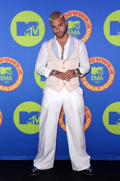 Performer and double nominee Maluma looked sharp in pink-and-white Lanvin.