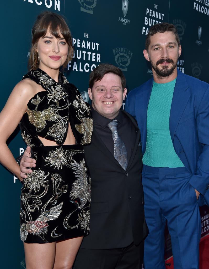 (L-R) Dakota Johnson, Zack Gottsagen and Shia LaBeouf