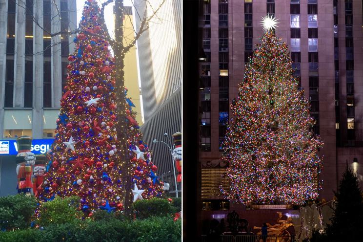 The Christmas tree outside of Fox News (L) and in Rockefeller Center