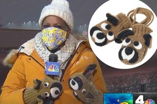 NBC New York reporter Pat Battle wears a pair of Nirvanna Designs dog mittens on the air.