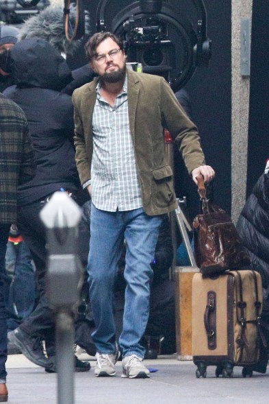 Leonardo DiCaprio films a scene for his new movie “Don’t Look Up” in Boston.