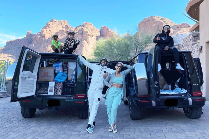 Swizz Beatz and Alicia Keys (front) take a road trip with their kids.