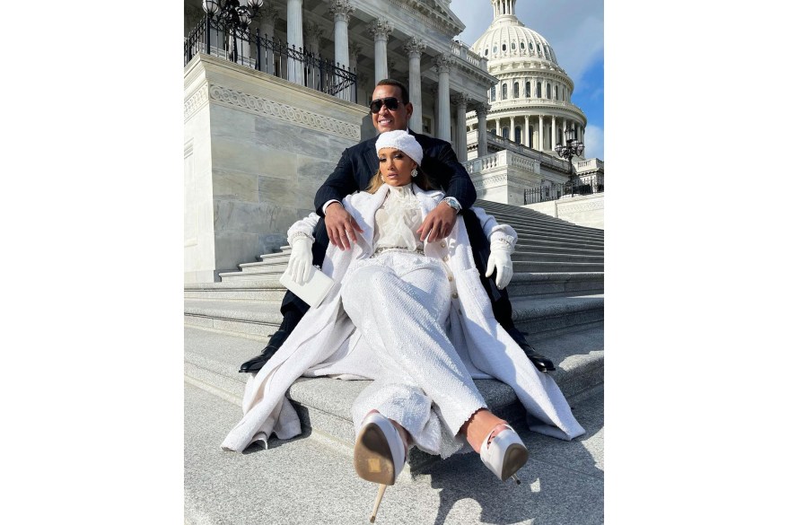 Alex Rodriguez and Jennifer Lopez pose on the steps of the Capitol after her performance at President Biden’s inauguration.