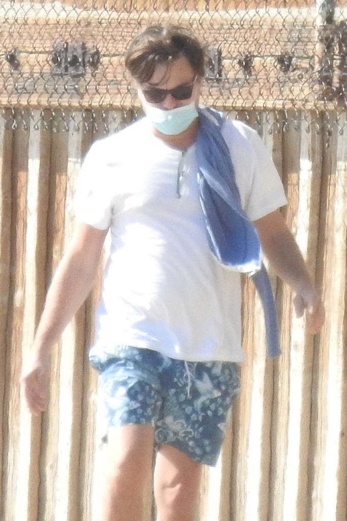 Leonardo DiCaprio sported a T-shirt and bathing suit while at the beach.