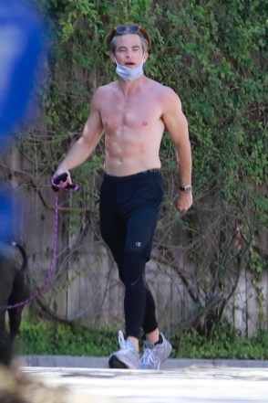 Chris Pine was seen flaunting his abs while on a shirtless walk with his dog in LA on Sunday.