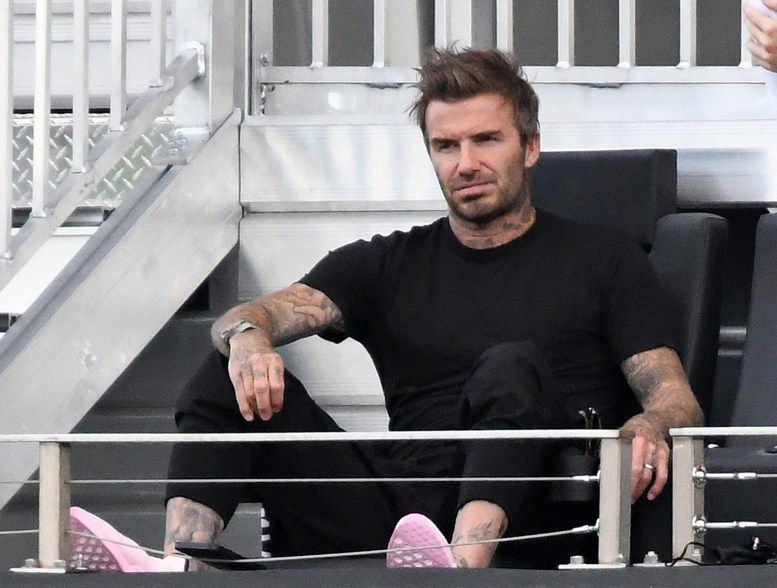 David Beckham looks far from relaxed as he watches his Inter Miami soccer team practice.