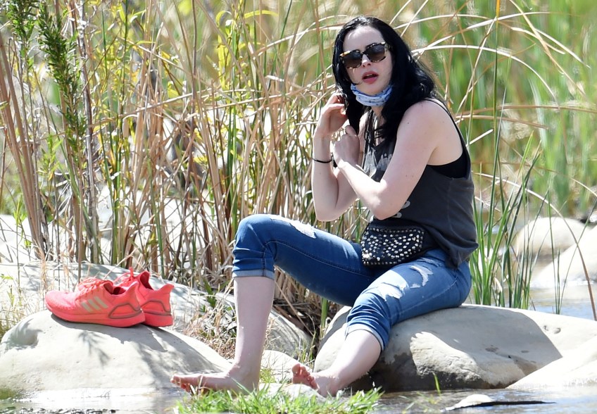 Krysten Ritter is spotted having a picnic with boyfriend Adam Granofsky and their 1-year-old baby, Bruce, by the river in Ojai, California.