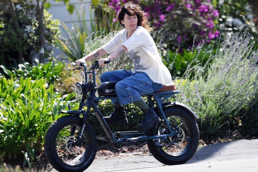 Actress Lena Headey rolls through the streets of LA on her Super73 electric motorbike.