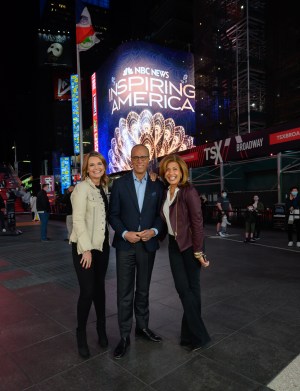 Savannah Guthrie, Lester Holt and Hoda Kotb film "Inspiring America" in Times Square.