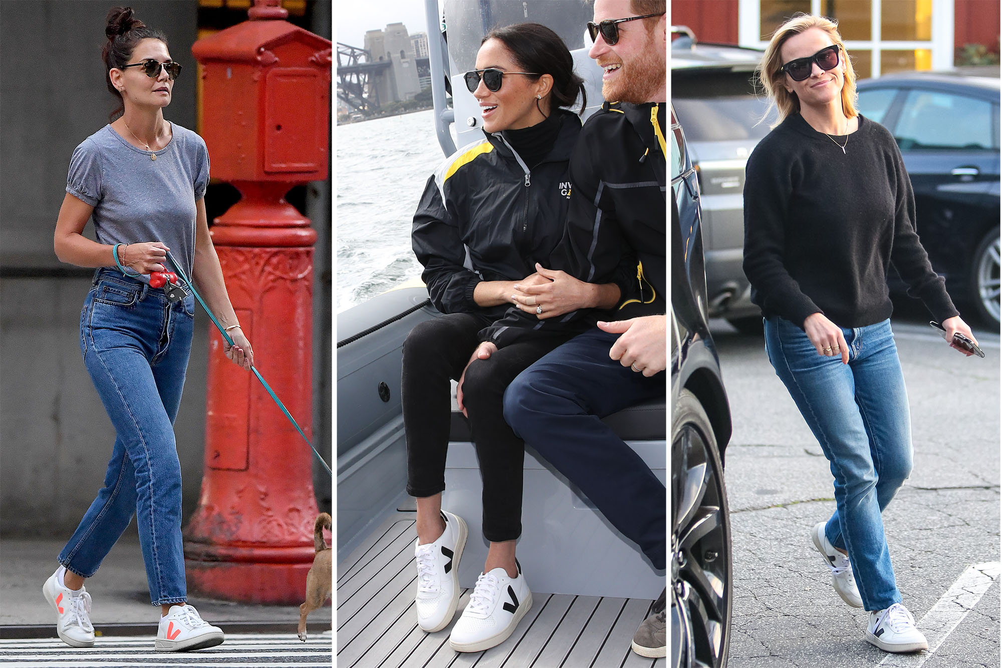 Katie Holmes, Meghan Markle and Reese Witherspoon wearing Veja sneakers.