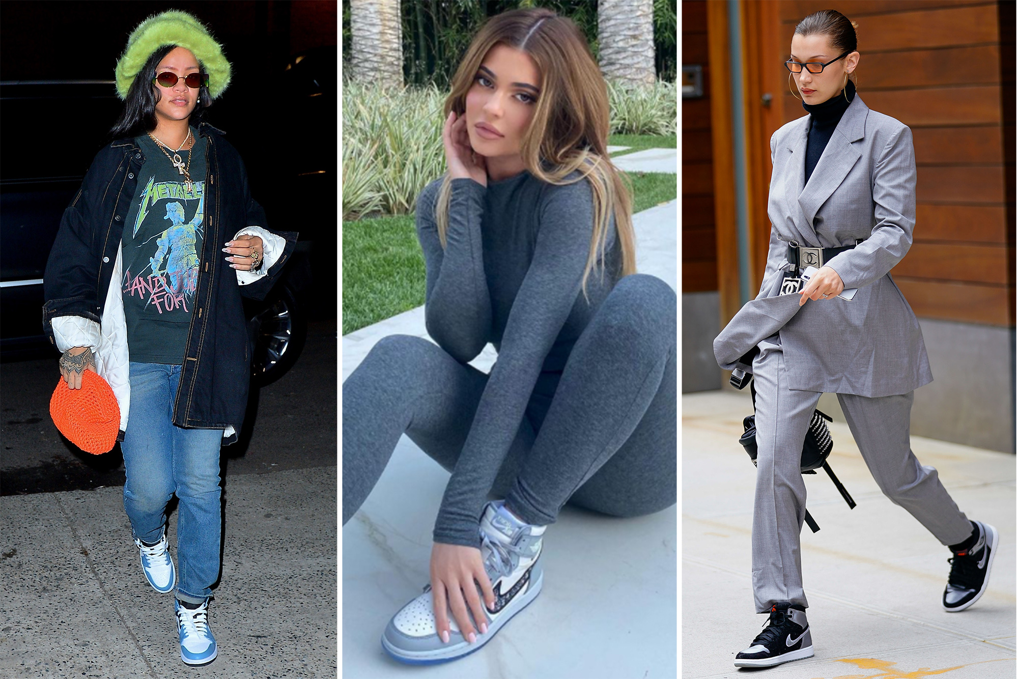 Rihanna, Kylie Jenner and Bella Hadid wearing Nike Air Jordan sneakers.