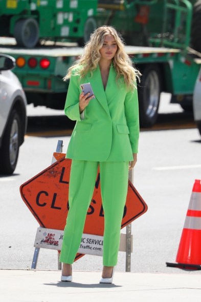 Elsa Hosk goes green — via pantsuit — while out and about in LA.