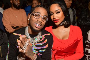 Quavo and Saweetie in the front row Jeremy Scott show, Front Row, Spring Summer 2020.