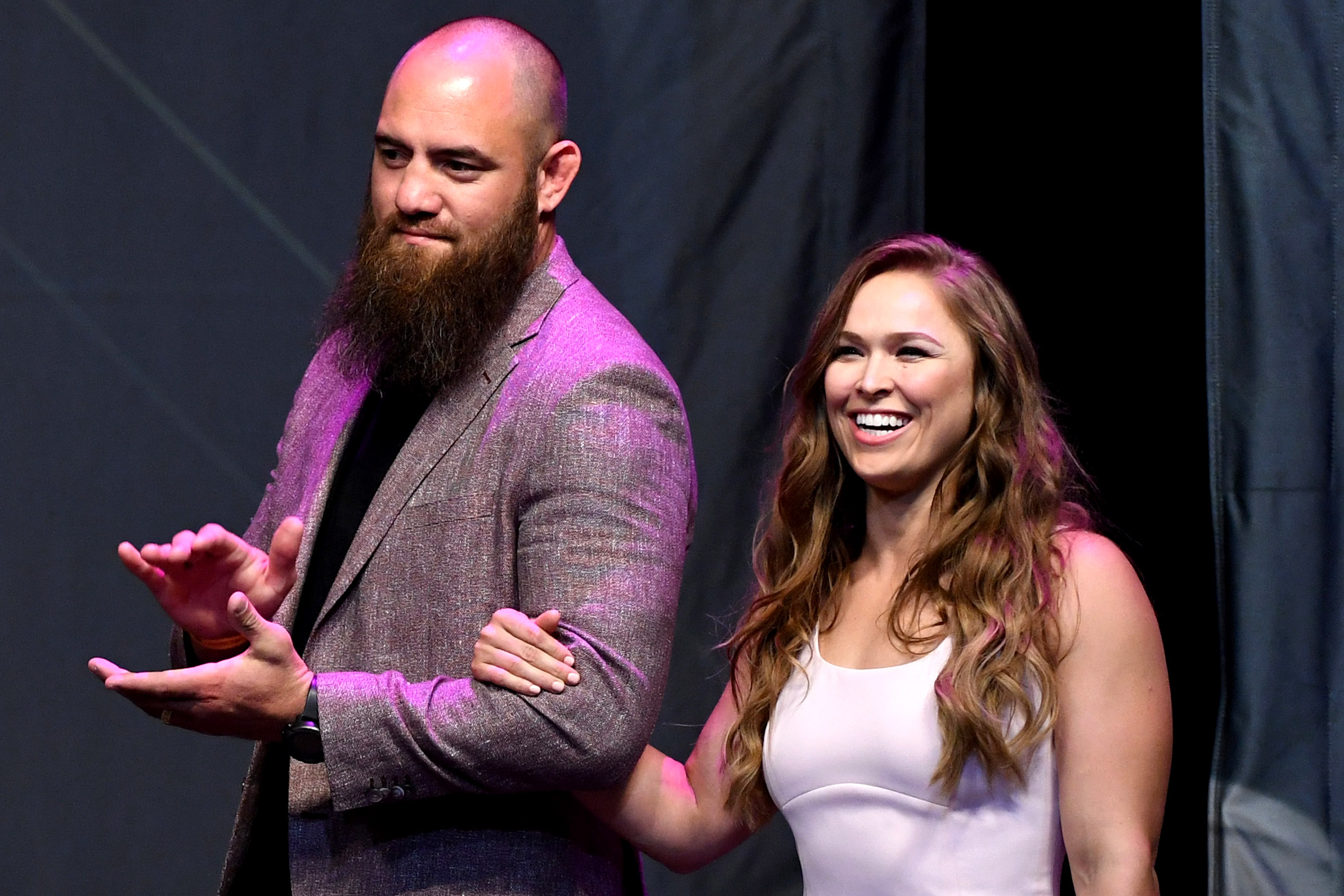 Ronda Rousey, seen here with husband Travis Browne, announced in April that she's pregnant with her first child.