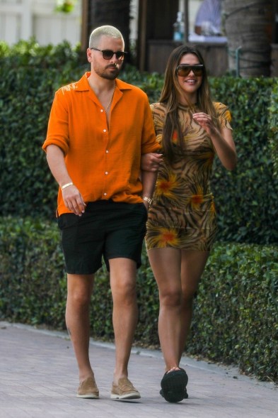 Scott Disick goes for a bold hair/shirt combo while out with girlfriend Amelia Gray Hamlin in Miami.