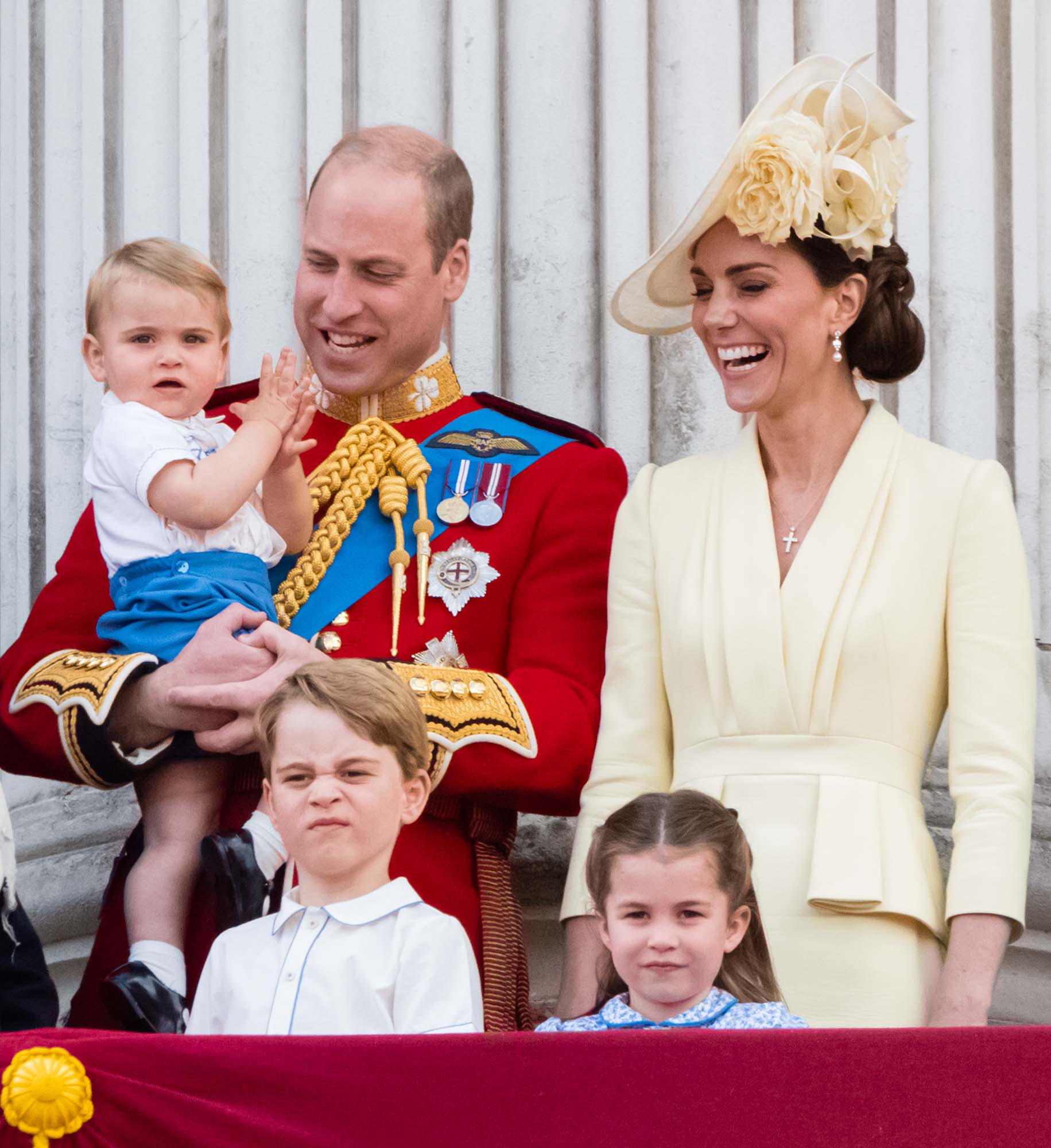 Prince Louis, Prince George, Prince William, Duke of Cambridge, Princess Charlotte  and Catherine, Duchess of Cambridge appear on the balcony during Trooping The Colour, the Queen's annual birthday parade, on June 08, 2019