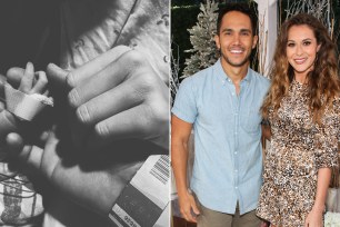 Alexa and Carlos PenaVega and a closeup of the couple's hands holding their newborn daughter Rio's hand.