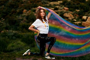 Cara Delevingne in her rainbow-hued Puma collection.