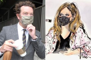 Danny Masterson arrives at a court hearing for his rape trial and a court sketch of Danny Masterson's accuser during the second day of his trial hearing.