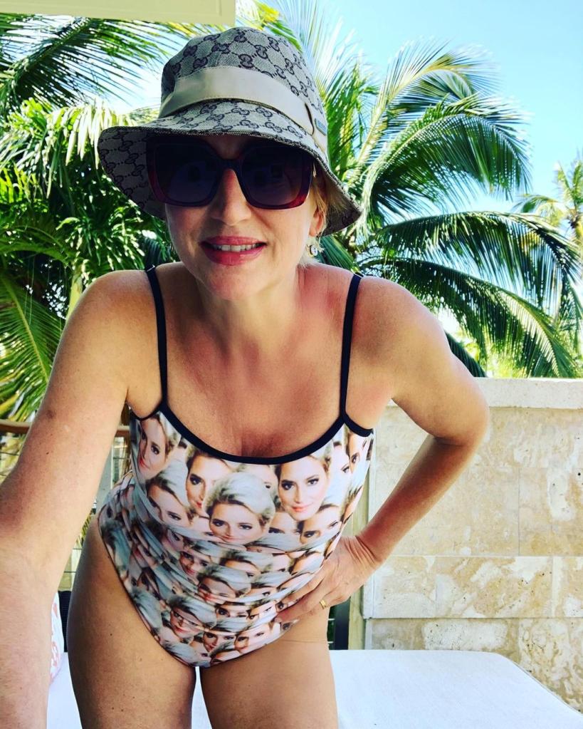 Dorinda Medley hit the beach in Puerto Rico wearing a swimsuit with photos of her face on it.