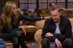 Jennifer Aniston comforts Matthew Perry during the "Friends" reunion.