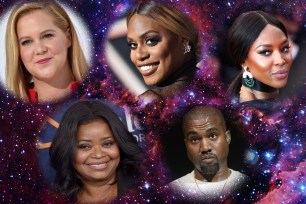 A composite of Amy Schumer, Laverne Cox, Naomi Campbell, Octavia Spencer, and Kanye West with a starry background