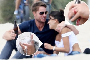 Justin Hartley and Sofia Pernas wore rings on their left ring fingers during a day out in Malibu.