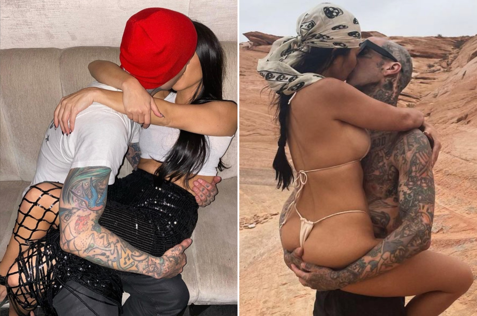 Composite: Two photos of Kourtney Kardashian and Travis Barker kissing.