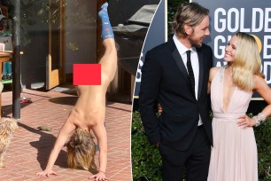 Kristen Bell doing a yoga pose while naked and Dax Shepard with Kristen Bell in 2019.