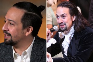 Left: Lin-Manuel Miranda appears in an NBC News interview. Right: Lin-Manuel Miranda performs in "Hamilton" on Broadway.