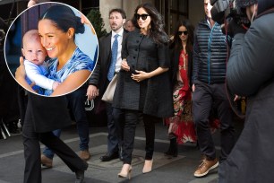 Left: Meghan Markle poses with son Archie. Right: Meghan Markle attends her 2019 baby shower.