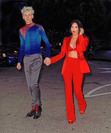 Megan Fox celebrated her 35th birthday in a sexy red suit and bra, with Machine Gun Kelly wearing a matching outfit.