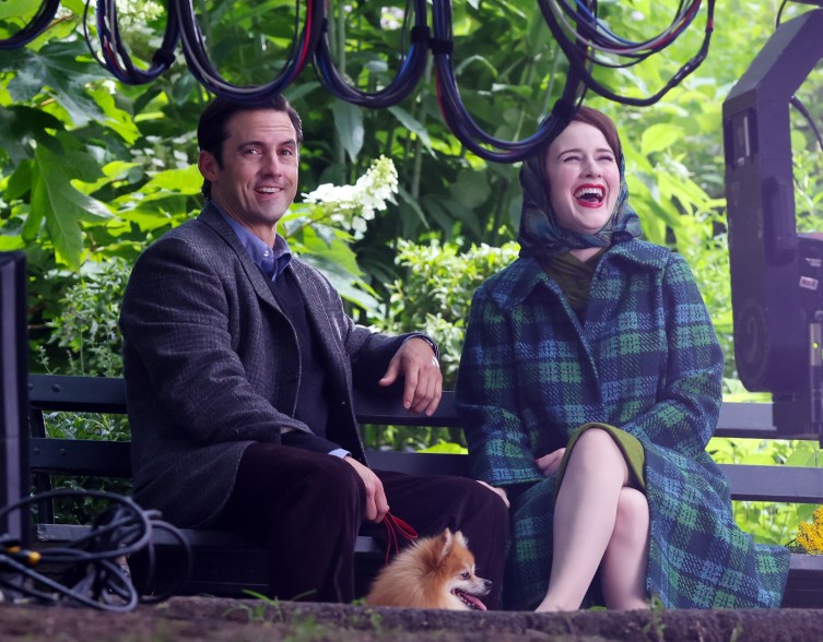 Milo Ventimiglia shares a laugh with Rachel Brosnahan